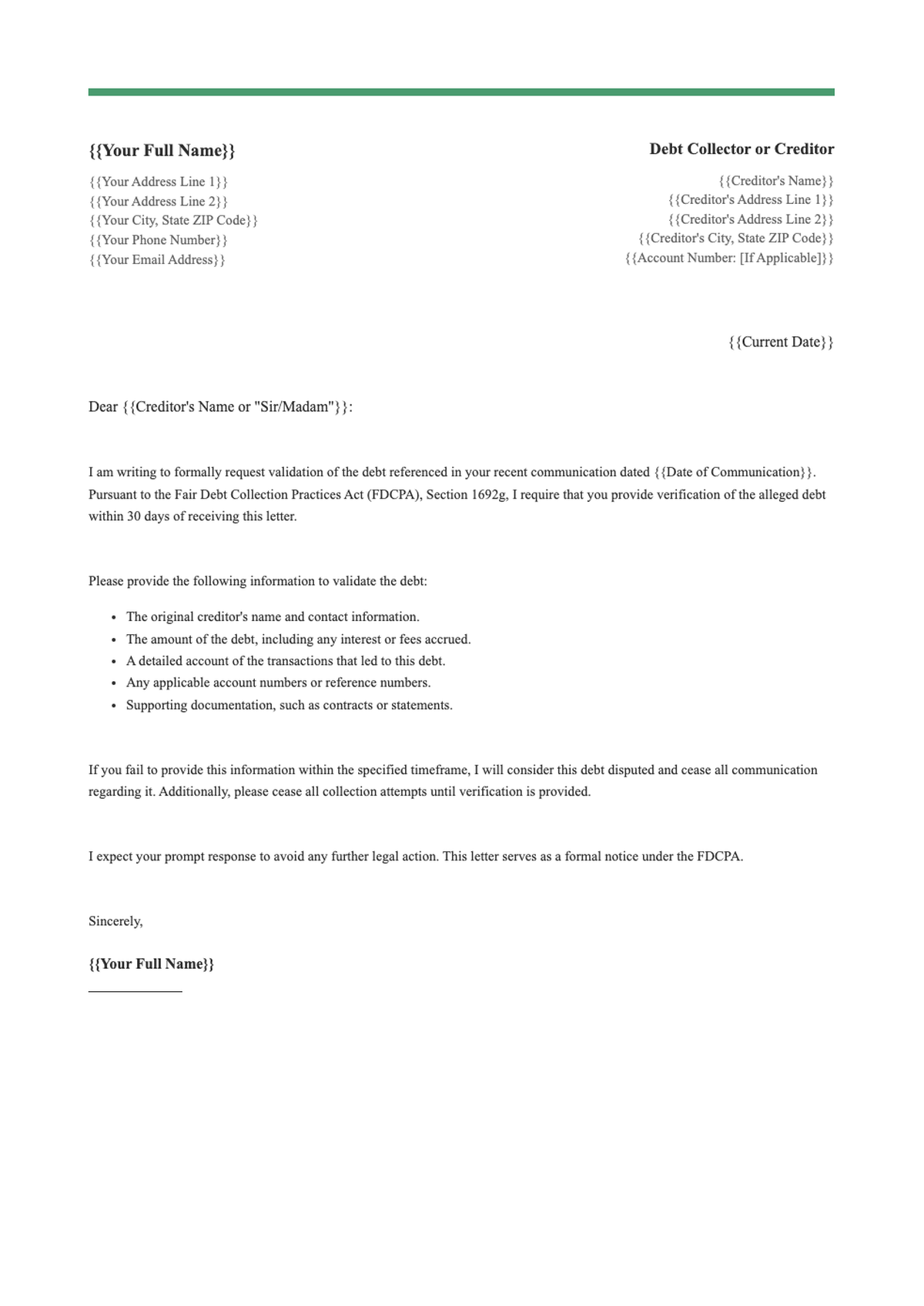 Debt verification request letter template with green header_variant_2